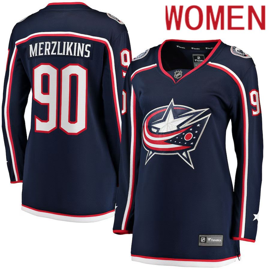 Women Columbus Blue Jackets #90 Elvis Merzlikins Fanatics Branded Navy Home Breakaway NHL Jersey